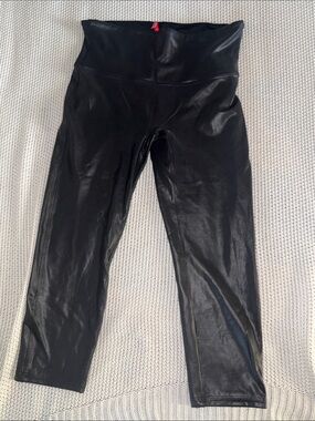 SPANX Black Faux Leather Leggings with Red Logo Tag